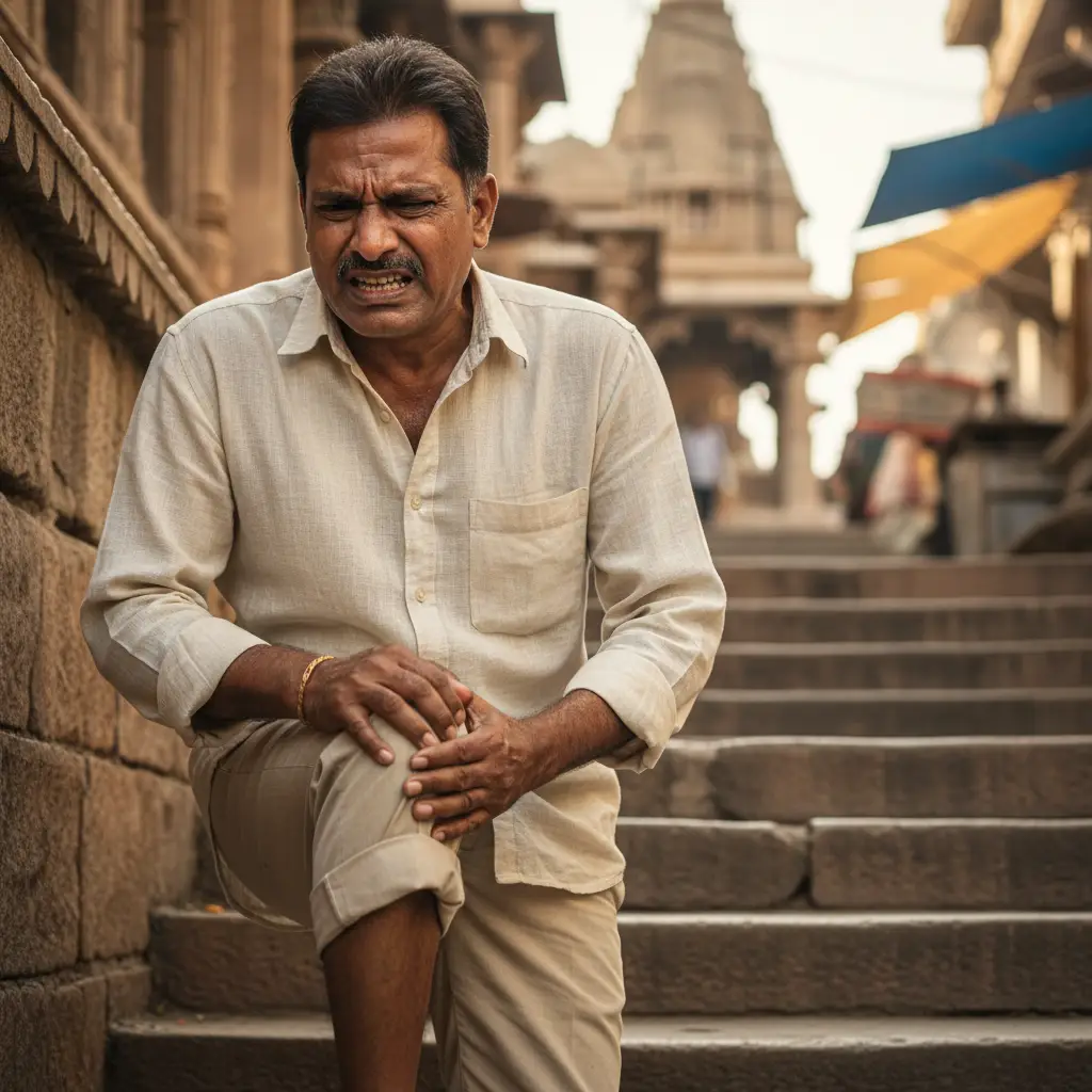 Indian man struggling with knee pain while using stairs