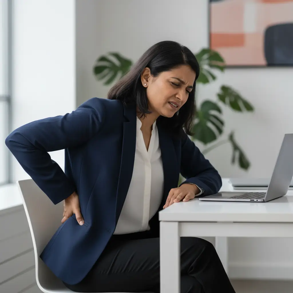 Indian woman experiencing chronic back pain at her office desk